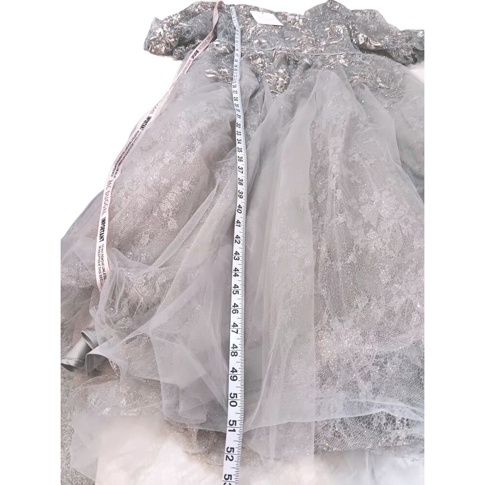 MAC DUGGAL Dress NEW 12 Silver Gray Beaded Tulle Midi Tea‎ Puff Sleeve Event - Picture 5 of 10